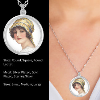 Vintage Lady Picot Ribbon Bonnet Round Silver Plated Necklace