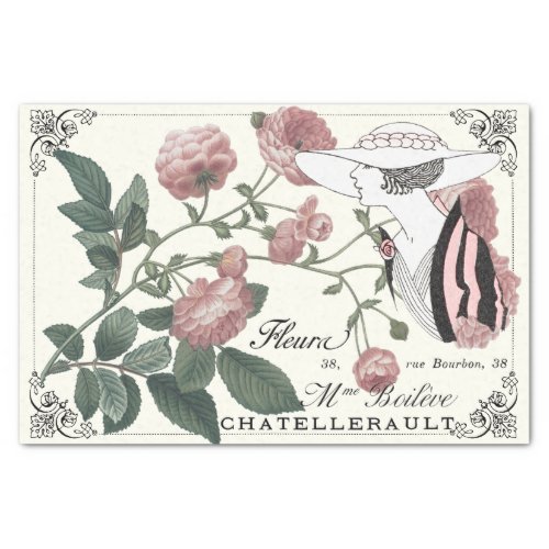 Vintage  Lady Pink Rose French Script Decoupage Tissue Paper