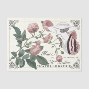 Vintage Lady Pink Rose French Script Decoupage Tissue Paper
