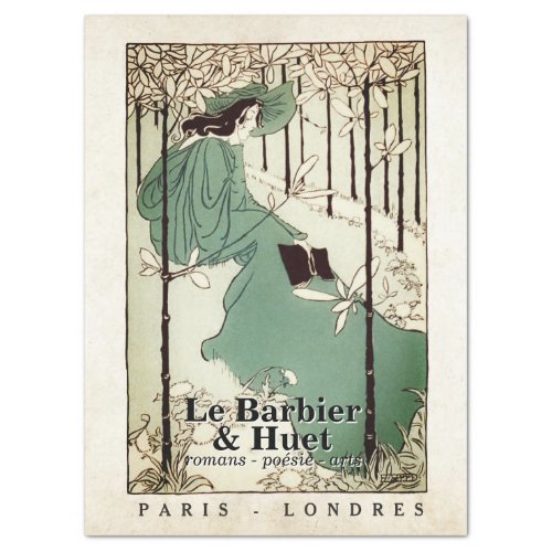 Vintage Lady Reading a Book French Bookshop Green Tissue Paper