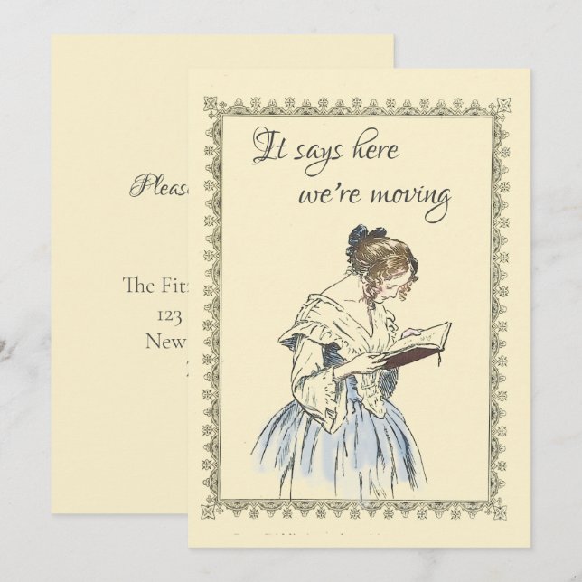 Vintage Lady Reading a Book Moving Announcement  (Front/Back)