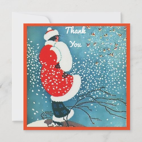 Vintage Lady Red Coat White Fur Trim Muff Snow cpy Thank You Card