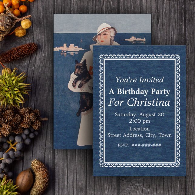 Vintage Lady Scotty Terrier Dog Ocean Birthday Invitation (Elegant Lady by ocean holding Scotty dog on dark blue birthday party invitations.)