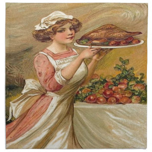 Vintage, Lady serving Thanksgiving Turkey Napkin