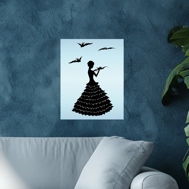 Vintage Lady Silhouette Love Letter Doves Poster (Black silhouette long ruffled dress flying doves love letter on light blue art wall poster.)