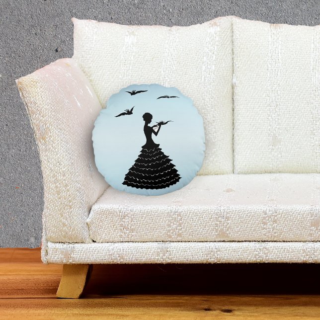 Vintage Lady Silhouette Love Letter Doves Round Pillow (black silhouette lady in ruffled dress love letter black doves on light blue decorative pillow.)