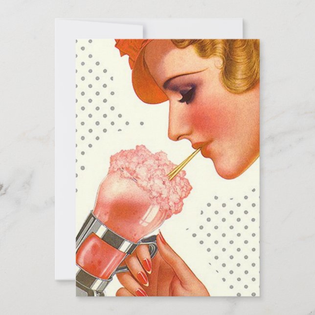 Vintage Lady Sips Soda Fountain Blank Invitation (Front)
