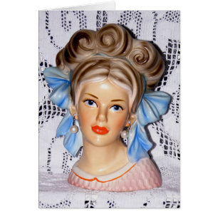 Vintage Lady Teen Head Vase Big Bow 60s Card