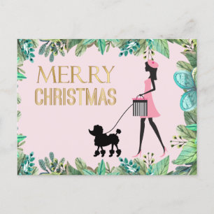 Vintage Lady walking black poodle Merry Christmas Postcard