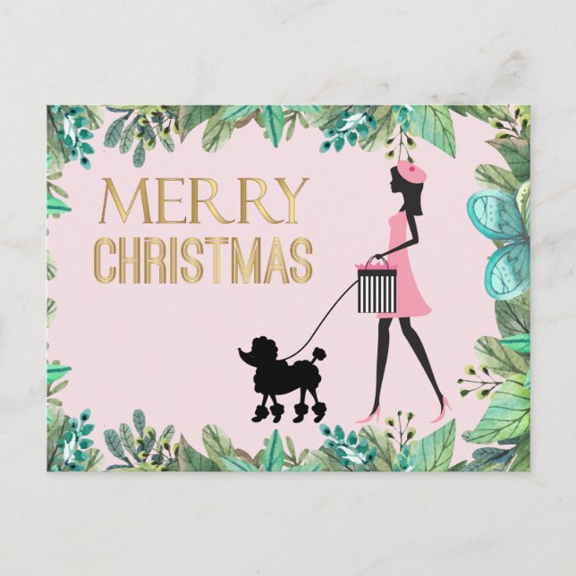Vintage Lady walking black poodle Merry Christmas Postcard (Front)