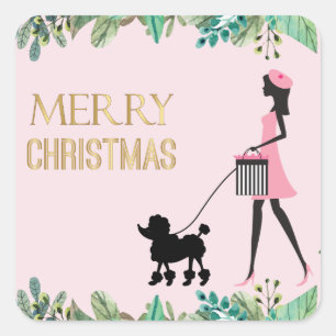 Vintage Lady walking black poodle Merry Christmas Square Sticker