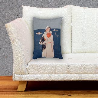 Vintage Lady White Suit Scotty Terrier Dog Ocean Accent Pillow