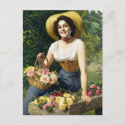 Vintage Lady With A Basket Of Roses Postcard