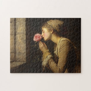 Vintage Lady With a Pink Rose Painting Jigsaw Puzzle