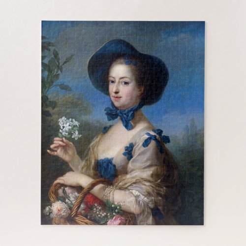 Vintage Lady With Blue Hat  Basket Of Flowers Jigsaw Puzzle