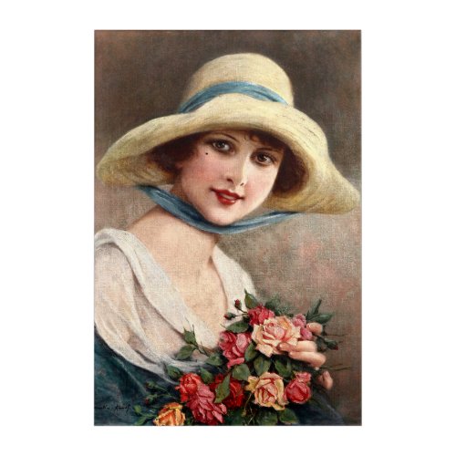Vintage Lady With Bouquet Of Roses Acrylic Print