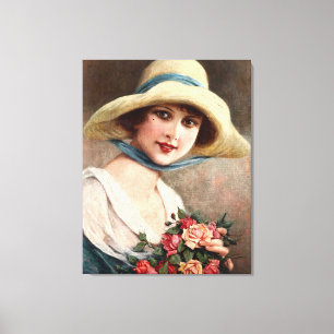 Vintage Lady With Bouquet Of Roses Canvas Print