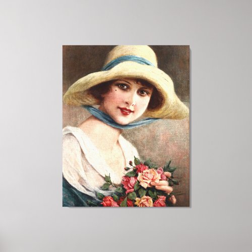 Vintage Lady With Bouquet Of Roses Canvas Print