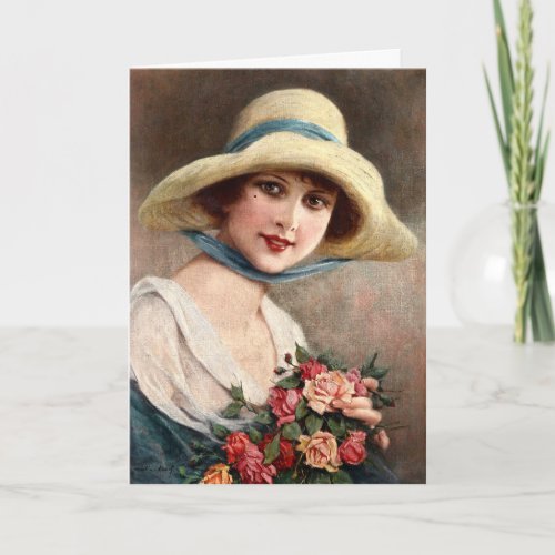 Vintage Lady With Bouquet Of Roses Card