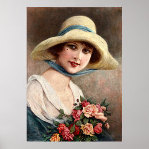 Vintage Lady With Bouquet Of Roses Poster