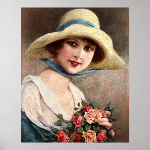 Vintage Lady With Bouquet Of Roses Poster