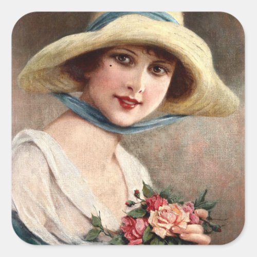 Vintage Lady With Bouquet Of Roses   Square Sticker