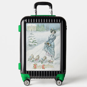 Vintage Lady With Cute Pigs, Christmas Typography Luggage