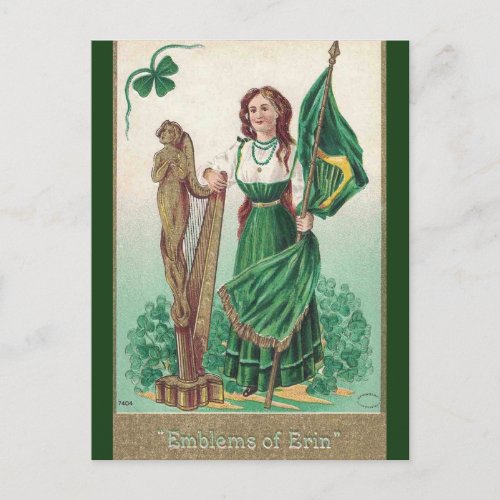 Vintage Lady With Harp and Flag Emblems of Erin Postcard