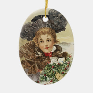 Vintage Lady with Holly Ceramic Ornament