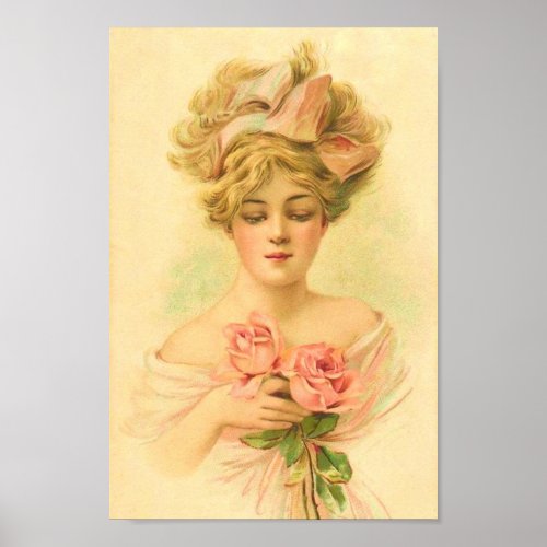 Vintage Lady With Pink Roses Restored Art Poster