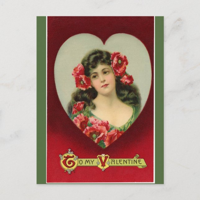 Vintage Lady With Poppies Valentine Postcard (Front)