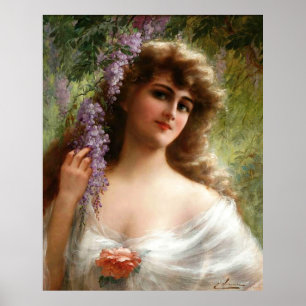 Vintage Lady With Purple Flowers & Peach Rose Poster
