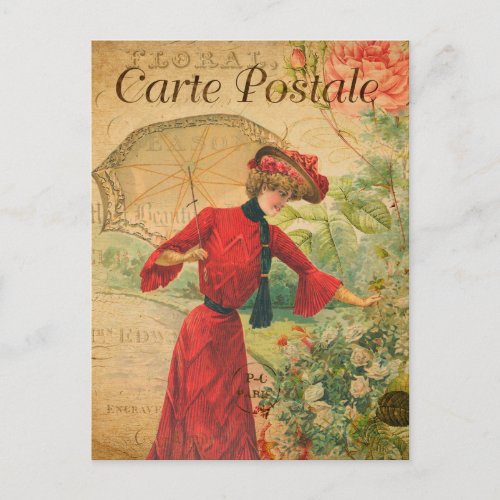 Vintage Lady Woman Fashion with Umbrella French Postcard