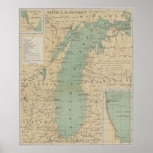 Vintage Lake Michigan Lighthouse Map 1898 Poster