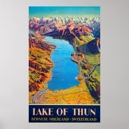 Vintage Lake of Thun Switzerland Travel Poster