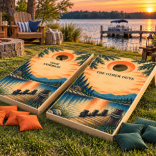 Vintage Lake Sunset Rustic Cabins Family Reunion Cornhole Set