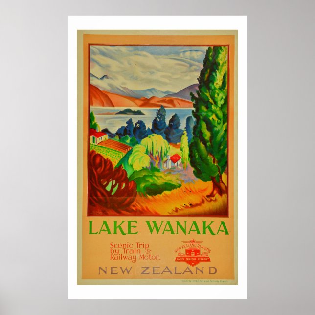 Vintage Lake Wanaka New Zealand Travel Poster (Front)
