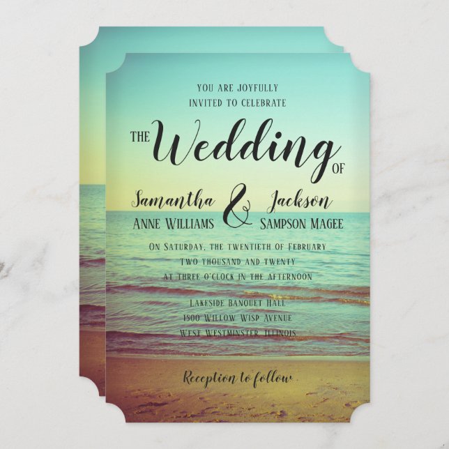 Vintage Lakeside Beach Wedding Invitation (Front/Back)