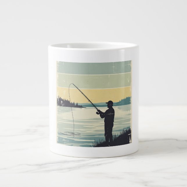 Vintage Lakeside Fishing Silhouette Giant Coffee Mug (Front)