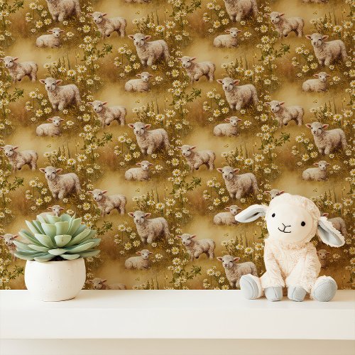 Vintage Lambs And Daisies Nursery Wallpaper