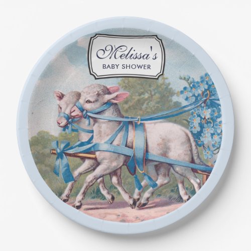 Vintage Lambs Dressed  in Blue Ribbons Baby Shower Paper Plates