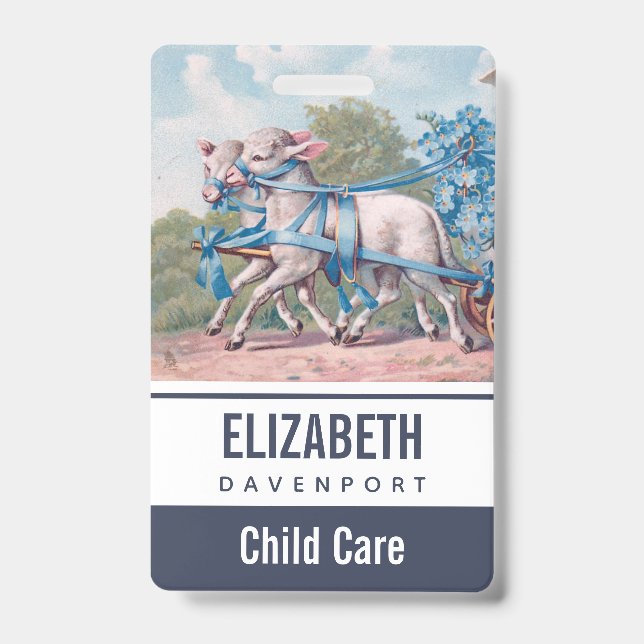 Vintage Lambs Dressed  in Fancy Blue Ribbons Badge (Front)