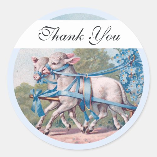 Vintage Lambs Dressed  in Fancy Blue Ribbons Classic Round Sticker