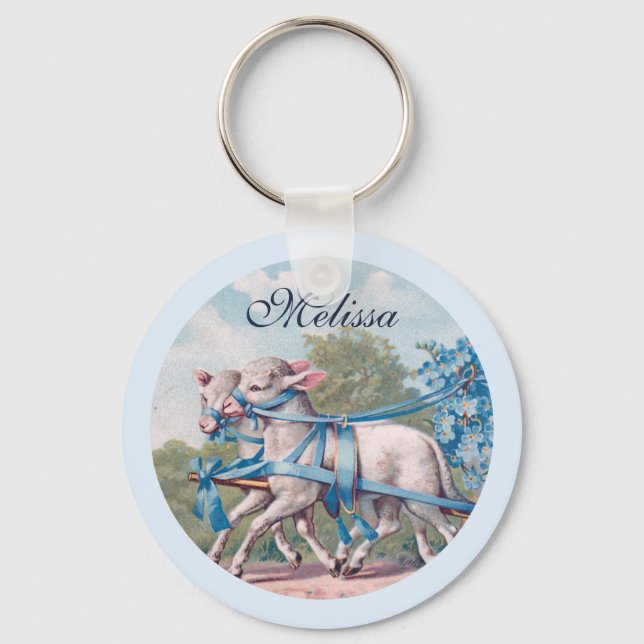Vintage Lambs Dressed  in Fancy Blue Ribbons Keychain (Front)