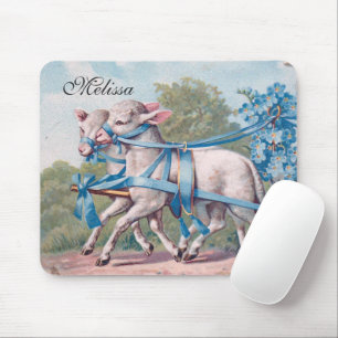 Vintage Lambs Dressed in Fancy Blue Ribbons Mouse Pad