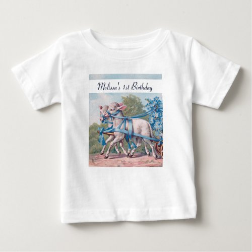 Vintage Lambs in Blue Ribbons 1st Birthday Baby T_Shirt