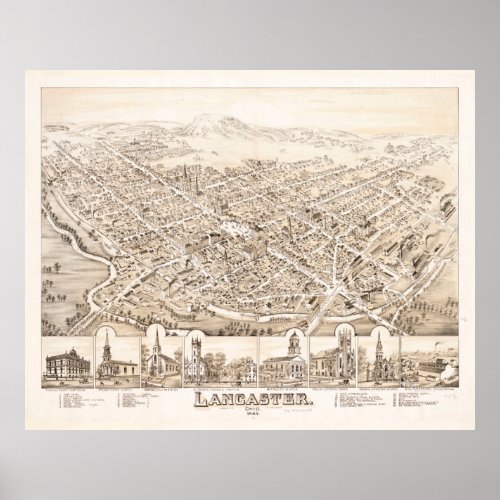 Vintage Lancaster OH Map 1885 Poster