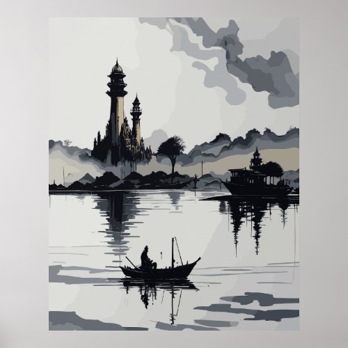 vintage Landscape Black  white Ink Painting Poster