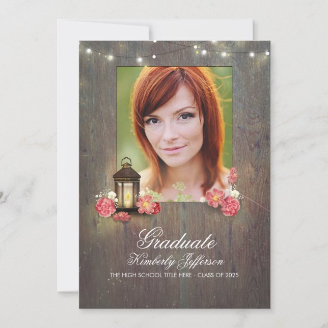 Vintage Lantern and Rustic Wood Photo Graduation Invitation (Front)