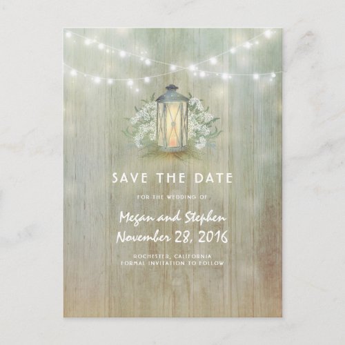 Vintage Lantern and White Flowers Save The Date Announcement Postcard - Rustic and chic iron lantern save the date postcards